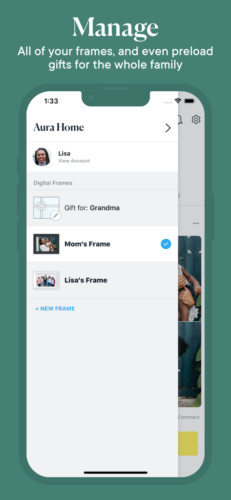 Aura Frames App-Oberfläche, die die Verwaltung mehrerer digitaler Frames und Geschenkoptionen zeigt