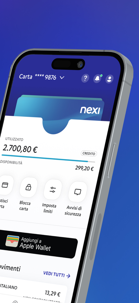 Nexi Pay app dashboard showing credit card balance and security controls