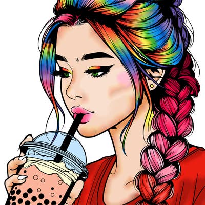 realistic girl drinking boba tea with braided hair