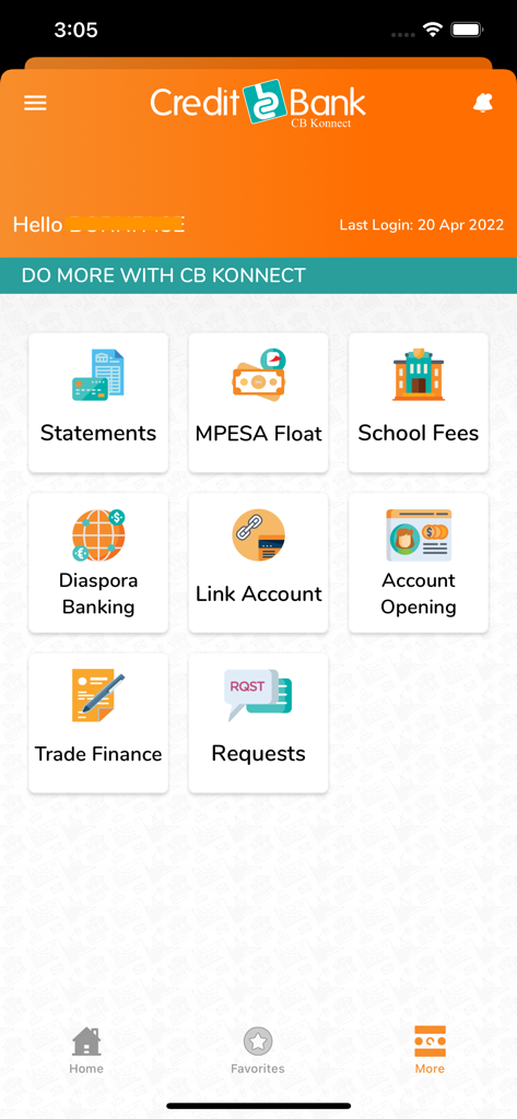 Credit Bank CB Konnect - Credit Bank CB Konnect mobile app dashboard displaying banking services like Diaspora Banking and MPESA Float