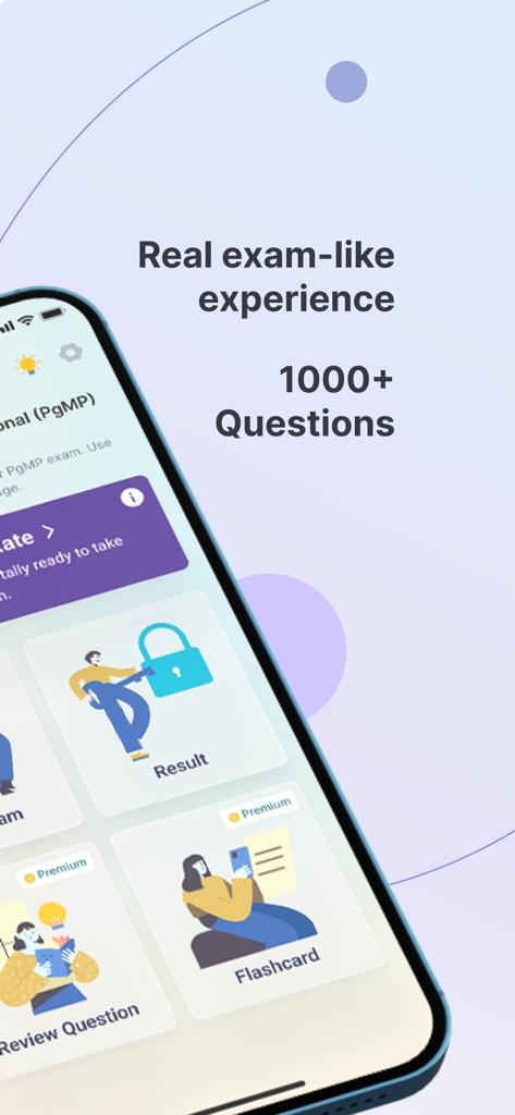 PgMP Exam Simulator - Pantalla de la aplicación Simulador de Examen PgMP que muestra funciones como revisión de preguntas con tarjetas didácticas y exámenes de práctica