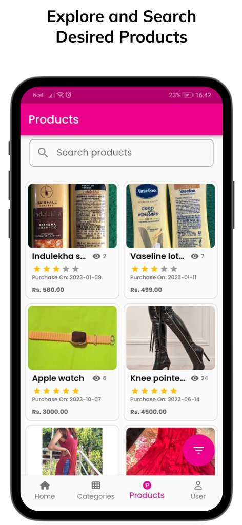 Thrift Store Nepal - A mobile app interface displaying various secondhand items for sale including electronics and fashion on Thrift Store Nepal