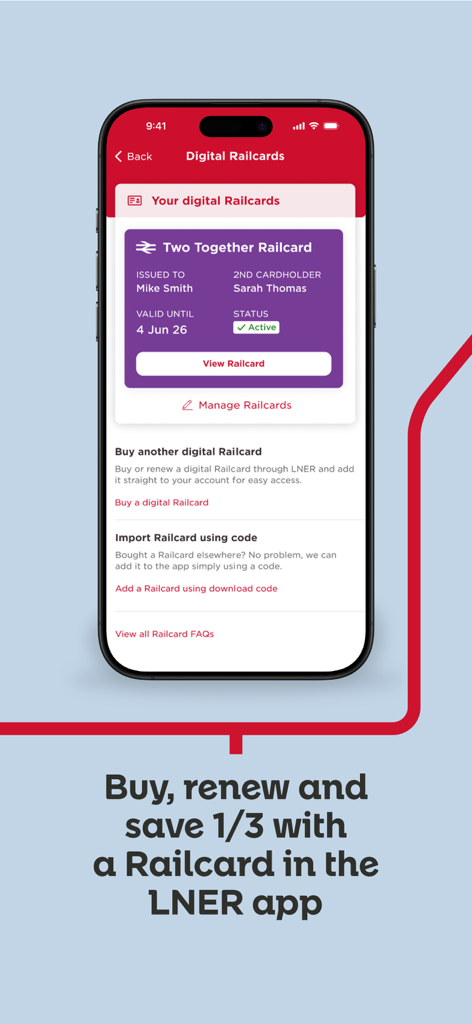 할인 혜택을 위한 Two Together Railcard를 보여주는 LNER 앱의 디지털 레일카드 화면