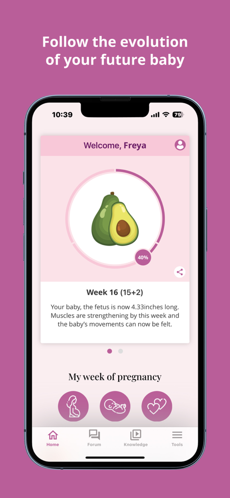 Baby Mam Pregnancy Tracker - Screenshot of the Baby Mam app displaying pregnancy progress and baby size compared to an avocado at week 16.