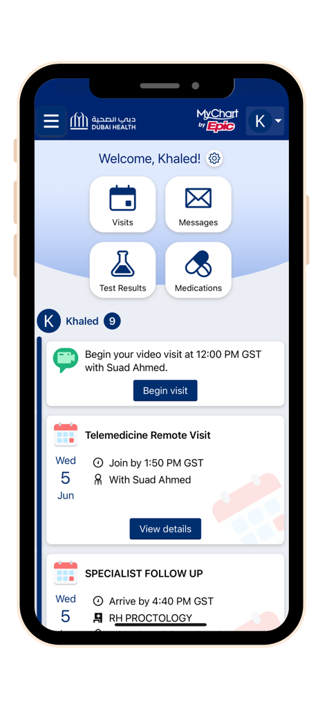 Dubai Health - دبي الصحية - Dubai Health app home screen featuring the MyChart dashboard with medical visits and test results