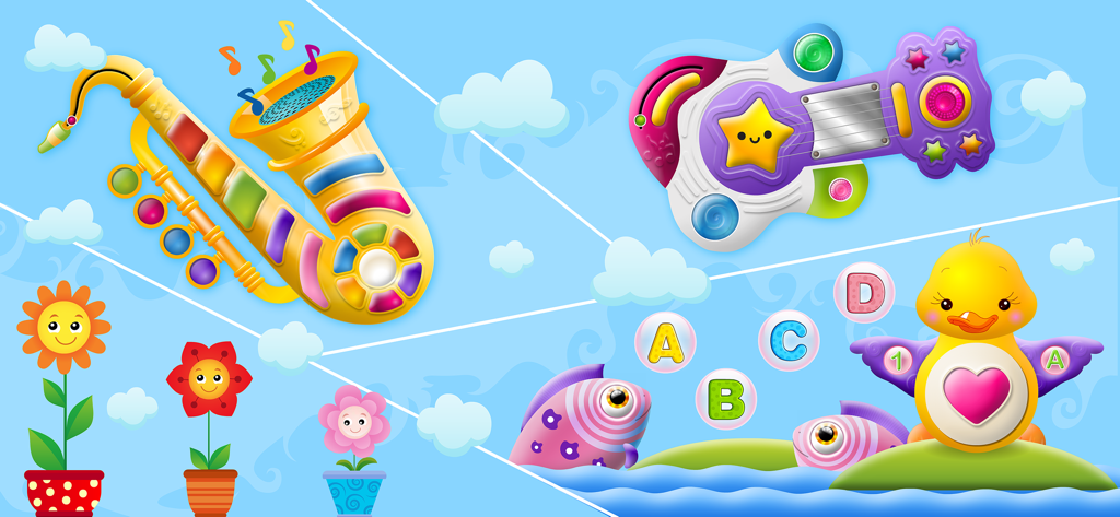 Colorful cartoon musical instruments including a saxophone and guitar with friendly animal characters in a children educational app