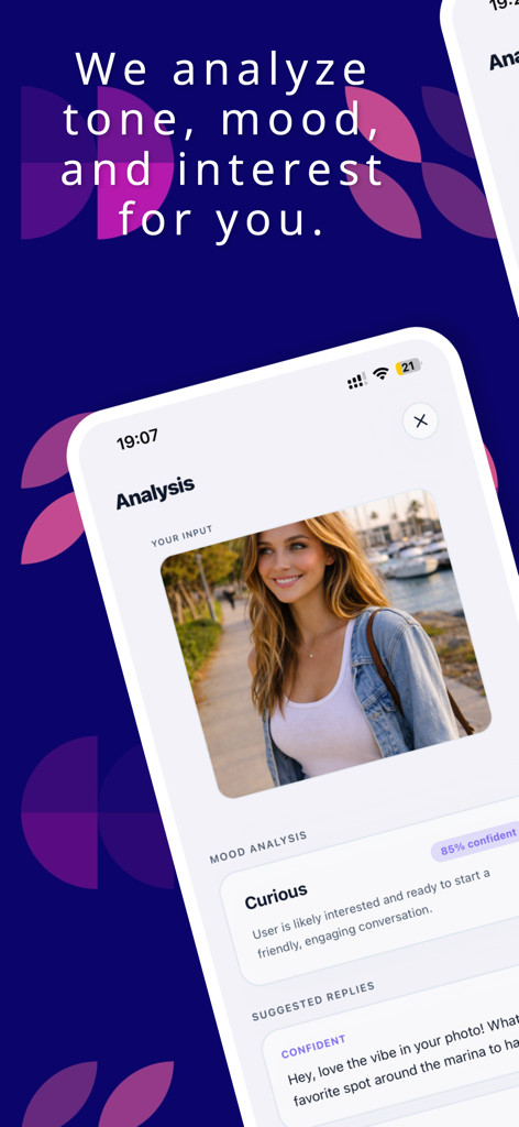 Wingman AI: ChatWing - Interface do Wingman AI ChatWing mostrando uma análise de humor de uma foto de perfil de namoro e uma sugestão de iniciador de conversa confiante.