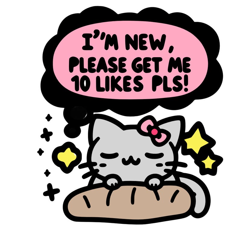 kitty taking a nap dream talking and saying "i'm new, please get me at least 10 likes pls!!"