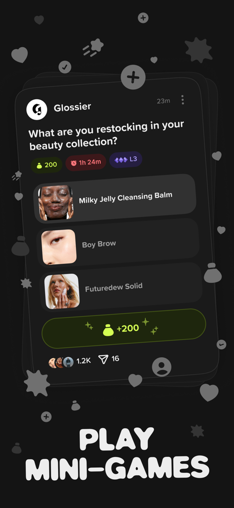 TYB app interface showing a Glossier brand challenge poll to earn rewards