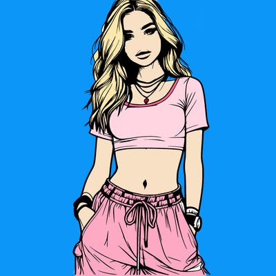 realistic girl in crop top and baggy pants