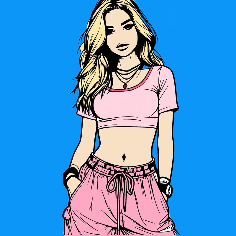realistic girl in crop top and baggy pants