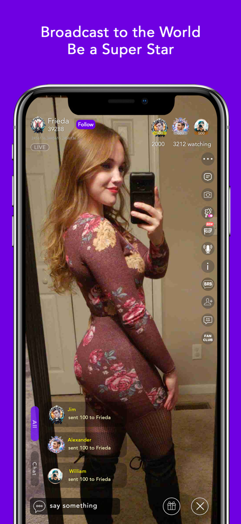 Cocoアプリのインターフェース。インタラクティブチャットとギフト通知付きのライブブロードキャストが表示されています。