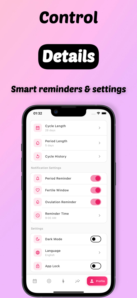 Elyra - Period & Pregnancy - Elyra 앱의 인터페이스에 주기 설정 및 생리 및 배란 알림 설정이 표시됨