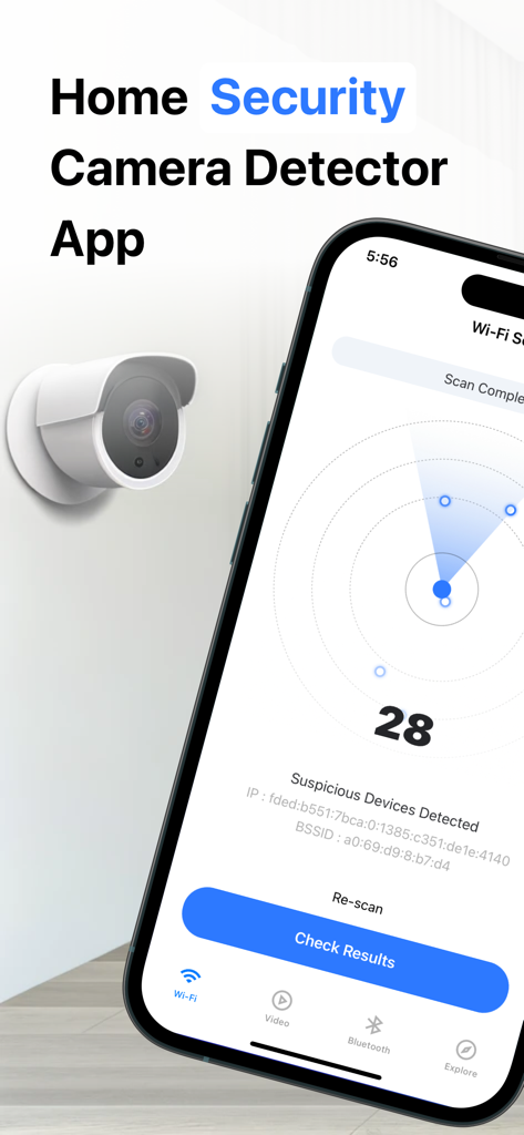 Cam Detector App：Home Security - Cam DetectorのWiFiスキャンが完了し、28個の疑わしいデバイスが検出されたことを示すモバイルアプリインターフェース。