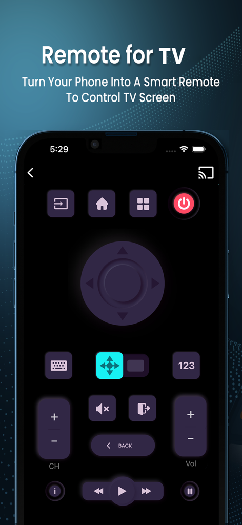 Miracast ﾠ - Un smartphone que muestra una interfaz completa de control remoto virtual de TV con botones de navegación, controles de volumen y un botón de encendido.