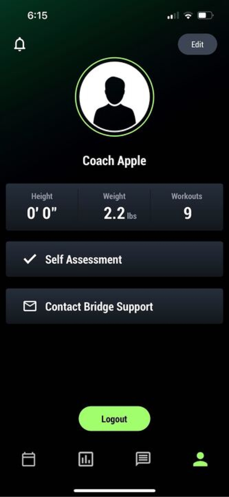 BridgeAthletic - BridgeAthletic app profile screen showing user stats and training options