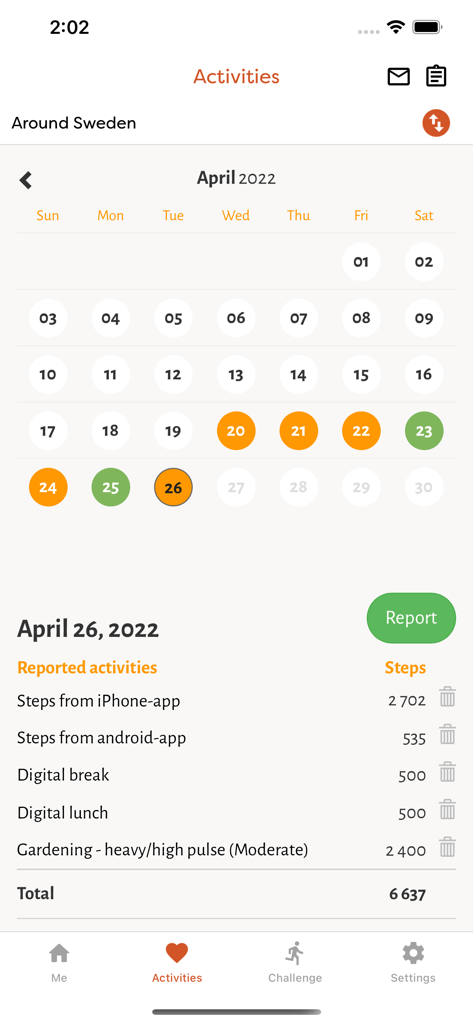 Activity calendar and daily step count breakdown in the Tappa Dytt Pro app