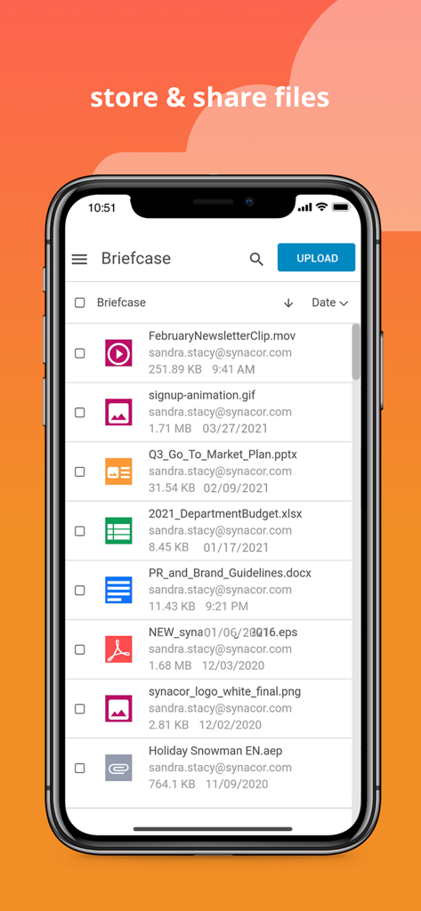 Zimbra Email & Collaboration - Mobile Benutzeroberfläche des Zimbra App-Briefkastens, die eine Liste von gespeicherten Dokumenten und Mediendateien für die Geschäftskollaboration zeigt.