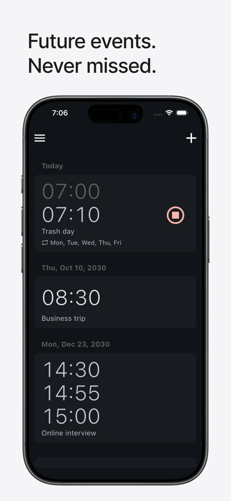 Interfaz de la aplicación Alarrrm que muestra alarmas programadas para fechas y eventos futuros