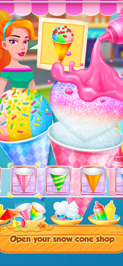 A girl decorating heart shaped snow cones with pink syrup and sprinkles in her digital dessert shop.