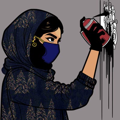 realistic girl with mask spray painting a wall