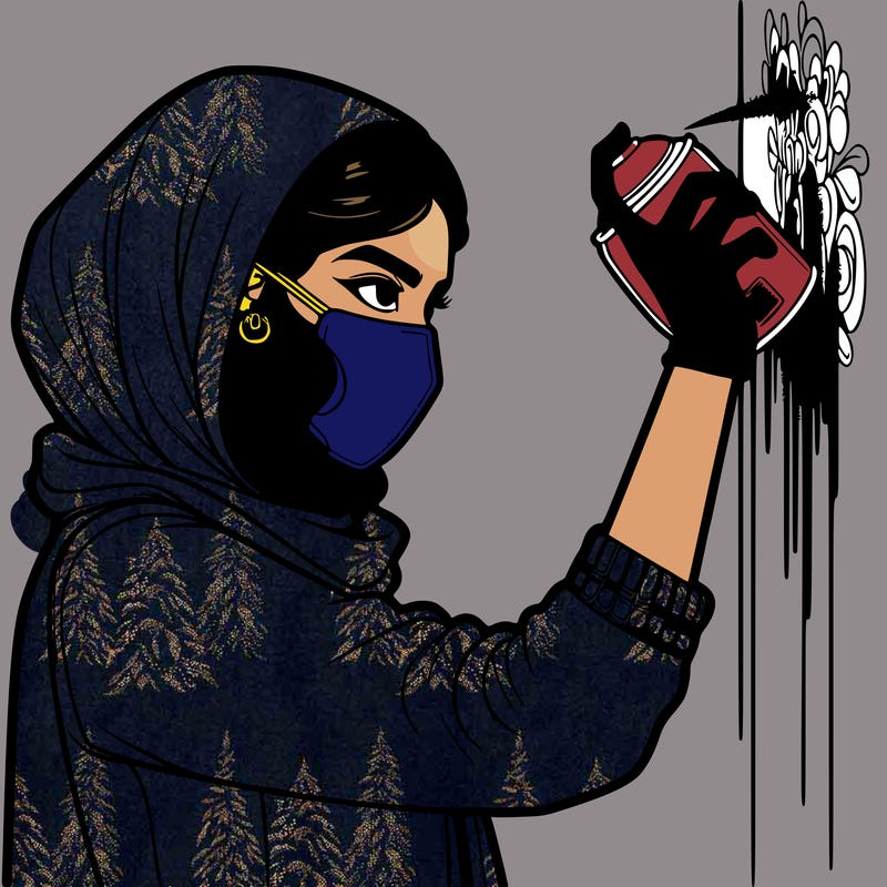 realistic girl with mask spray painting a wall