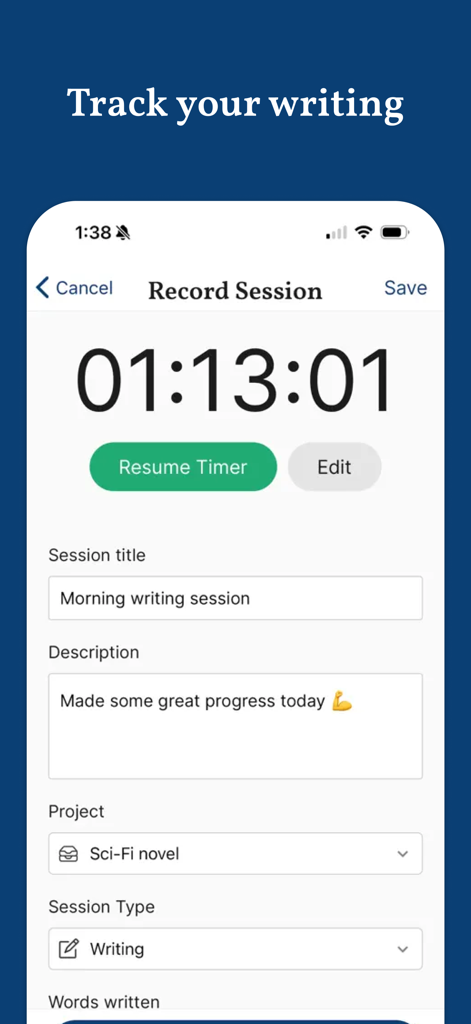 Prolific: Track Your Writing - 記録された執筆セッションのタイマーと詳細を表示するProlificアプリのインターフェース
