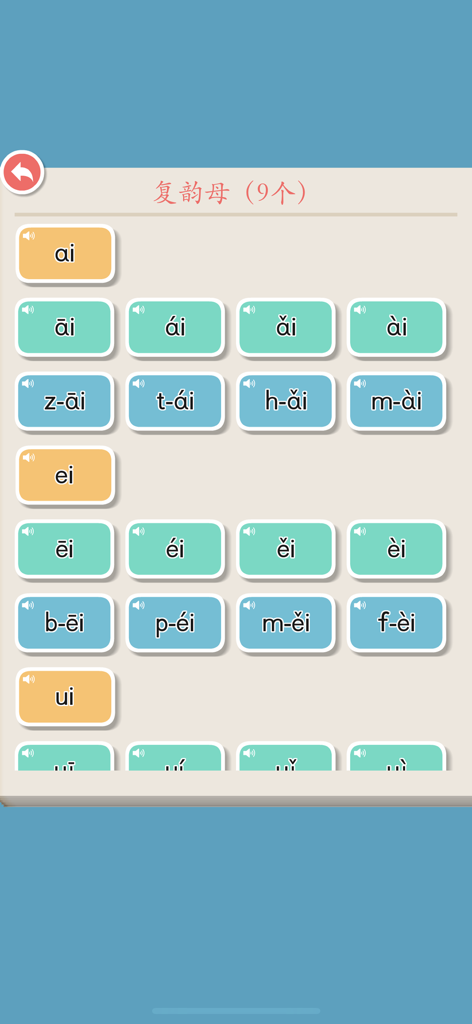 Interactive interface of the Help Learn Chinese Pinyin app showing compound finals and tone variations with audio playback buttons for kids.