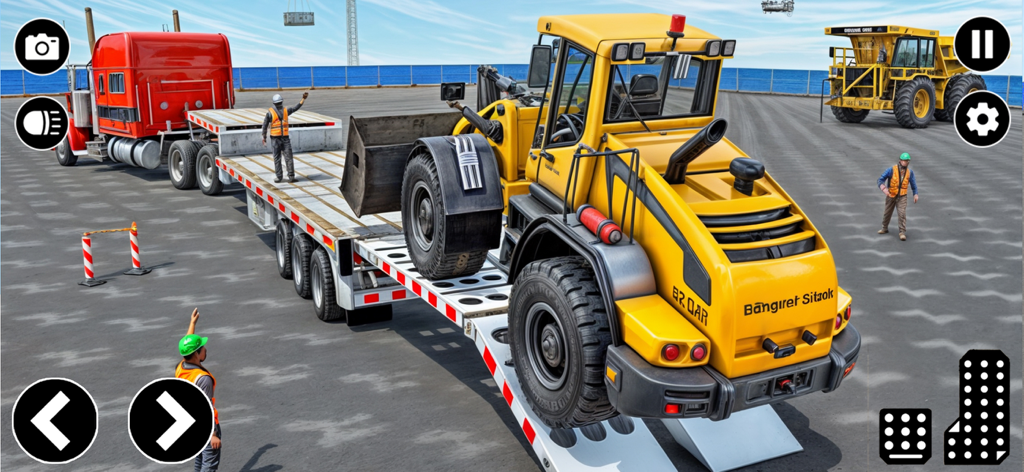 Heavy Machines Transporter Sim - A yellow heavy construction machine being loaded onto the trailer of a red transport truck.