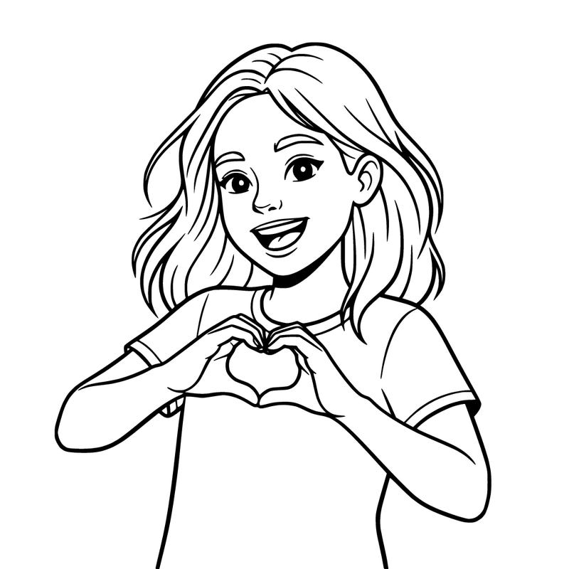 girl with shoulder length brown hair, she is making a heart shape with her hand and smiling