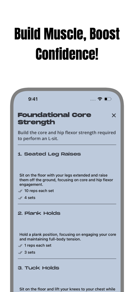 Calis : Calisthenics Workout - A screenshot of the Calis app showing a Foundational Core Strength workout plan with exercises like seated leg raises and plank holds.