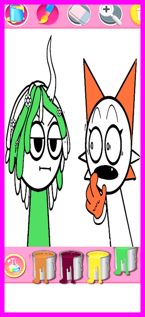 Sprunki kolor's phase game - Due personaggi dei cartoni animati colorati in un'app mobile con strumenti secchiello della vernice e pennello