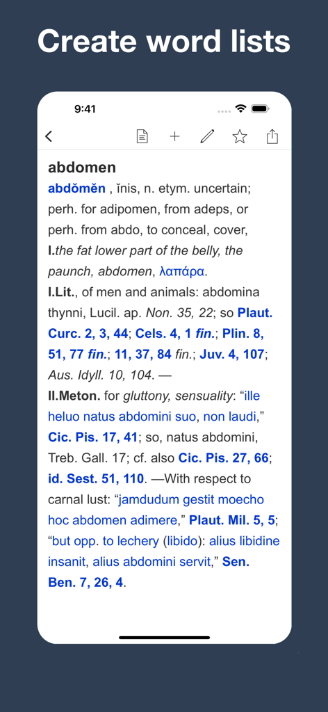 Latin Dictionary Lewis & Short - A detailed dictionary entry for the Latin word abdomen in the Lewis and Short app including etymology and scholarly citations