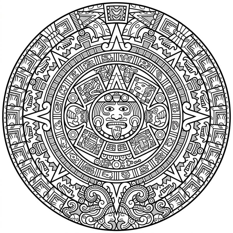 Dive into the rich history of the Aztec cosmos with this unique Sun Stone coloring page, reimagined in a vibrant Pop Art style. Unleash your creativity on its bold outlines and intricate patterns for a truly engaging artistic adventure.