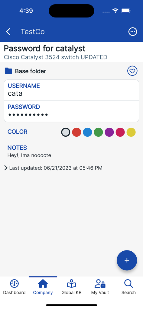 Hudu Mobile - Interface of the Hudu Mobile app displaying username and password details for a network switch