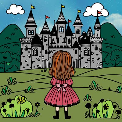 a girl in front of a castle  on the hill with her back to us