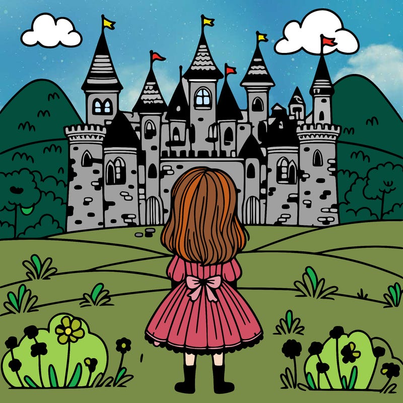 a girl in front of a castle  on the hill with her back to us