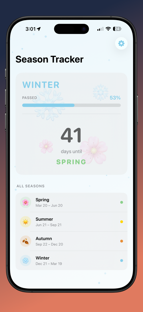 Tela do aplicativo minimalista rastreando o progresso do inverno e os dias restantes até a primavera
