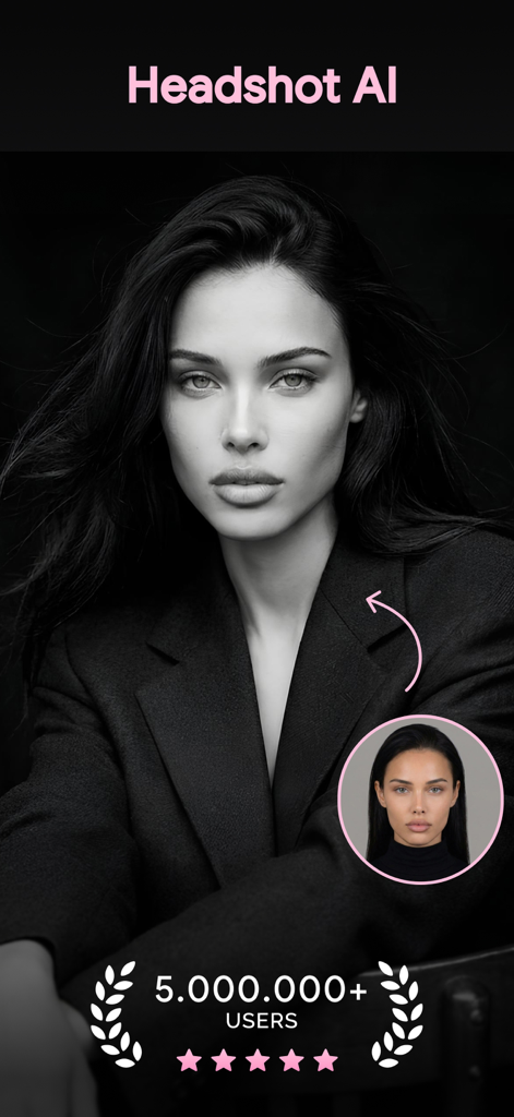 A black and white professional AI headshot of a woman in a blazer generated by the MIU AI app