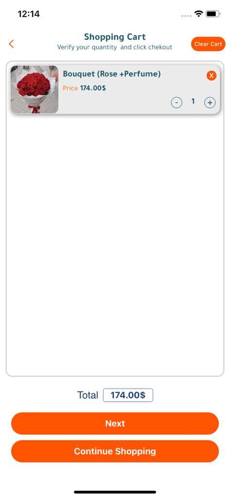 Sky Application - Sky Application Warenkorb-Oberfläche mit einem Rosenstrauß und Parfüm-Geschenkset mit Preis- und Checkout-Schaltflächen