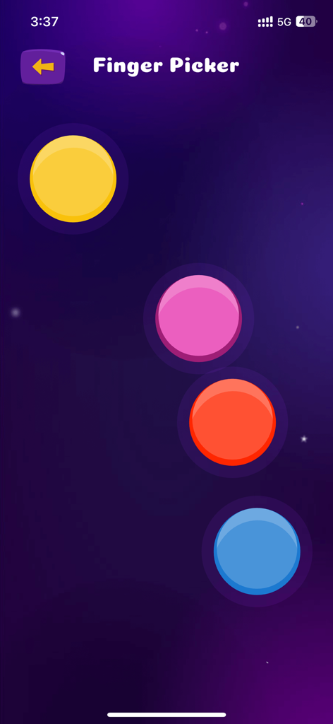 Finger Picker game mode screen with colorful circular markers on a dark purple background