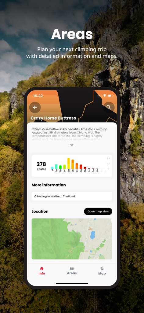 CragFinder by Progression - Interfaz de la aplicación CragFinder mostrando detalles de rutas de escalada en roca y mapa para Crazy Horse Buttress.