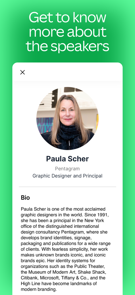 Canva Create 2025 - Captura de pantalla de una aplicación móvil que muestra el perfil y la biografía del orador Paula Scher en el evento Canva Create 2025.