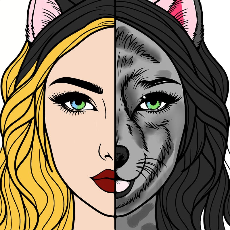 split face realistic woman and wolf