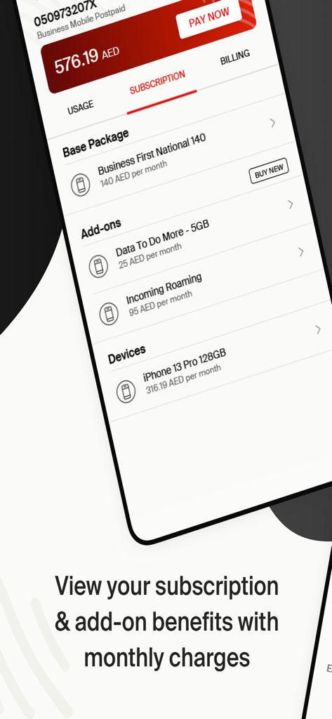 Interfaccia dell'app mobile che mostra i piani di abbonamento aziendale e gli addebiti aggiuntivi