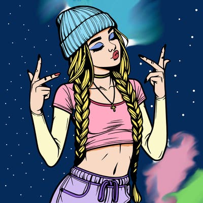 realistic teenage girl with braids and a beanie and crop top doing 🫶🏼