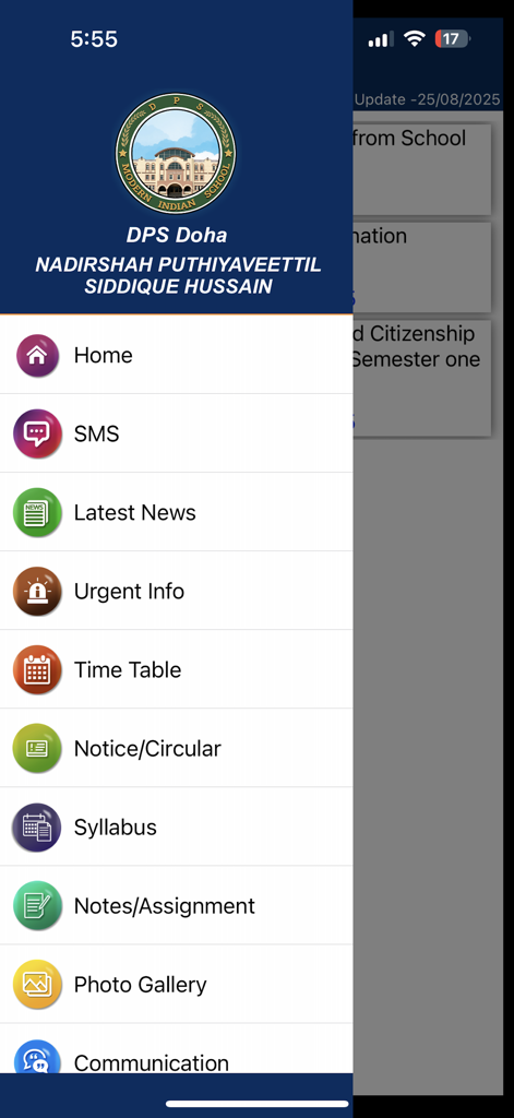 DPS MIS Doha - Mobile app navigation menu for DPS MIS Doha school