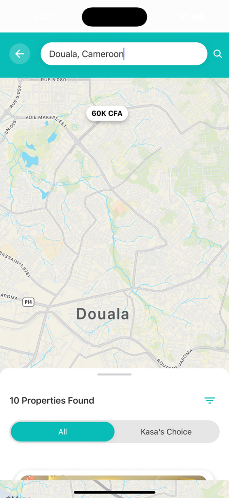 KasaStay - KasaStay app interface showing a map search for rental properties in Douala Cameroon with price markers