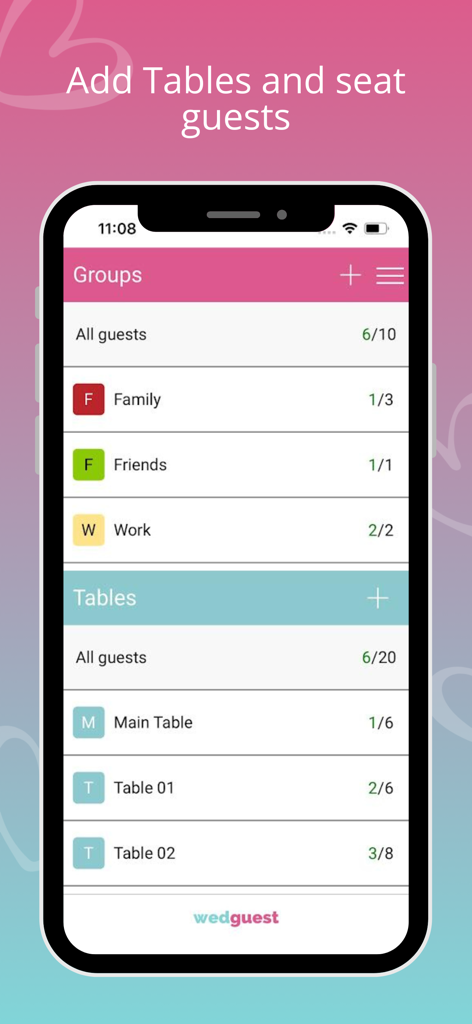Wedding Guest List. WedGuest - Mobile app interface showing wedding guest groups and table seating assignments.