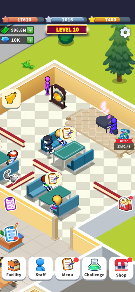 Little Restaurant - Captura de pantalla de juego de Little Restaurant mostrando un comedor con clientes y un pianista